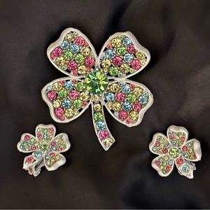 Verified JULIANA D&E Vintage Pastel Rhinestone 4 Leaf Clover Brooch Earrings